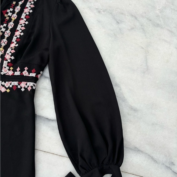 Ann Taylor Embroidered Dress Black Tie Sleeve Split Neck Size 0P - Picture 6 of 14